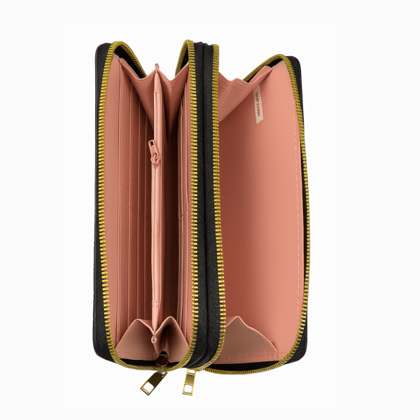inside black handbag with two compartments